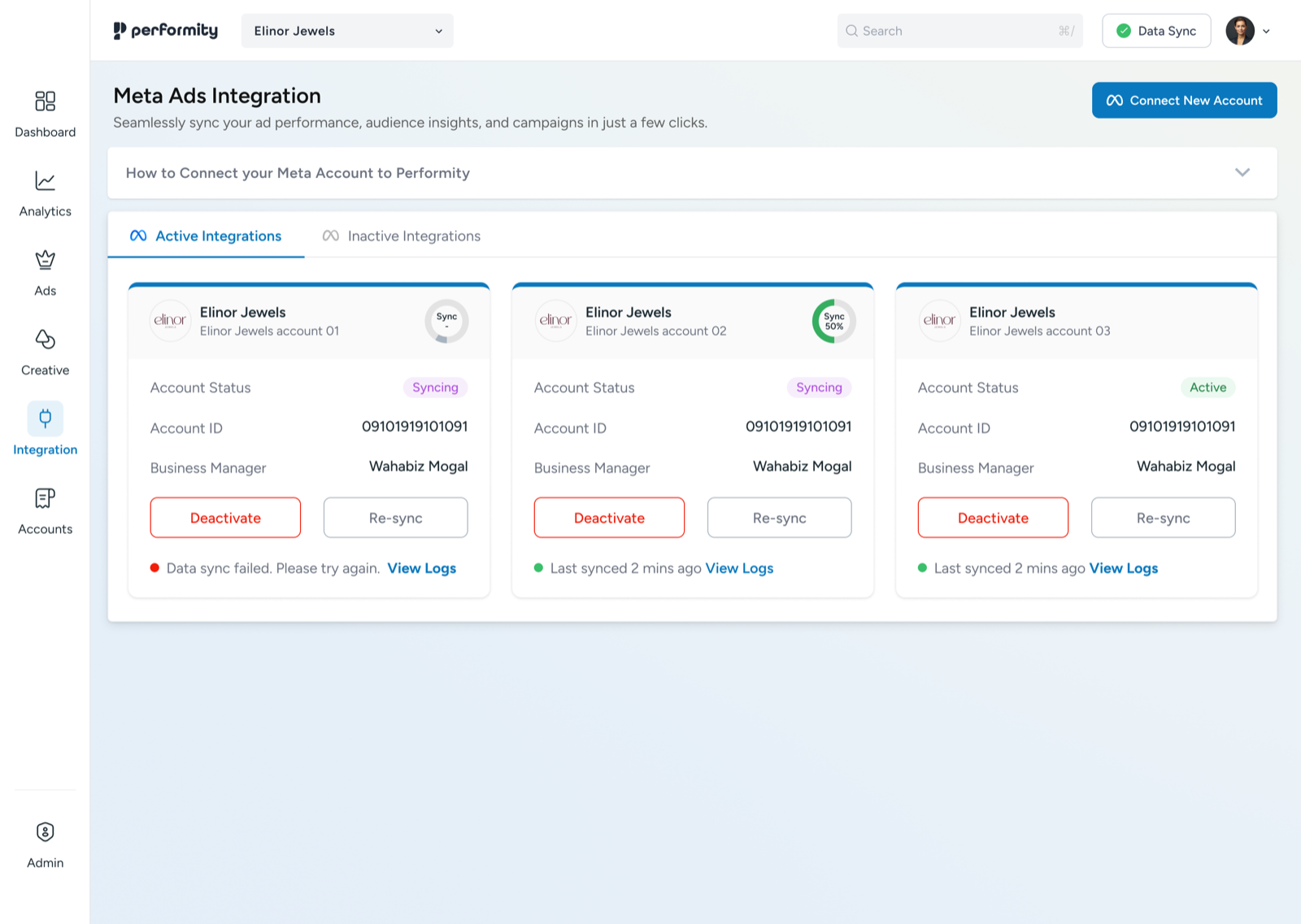 Meta Ads integration with sync status