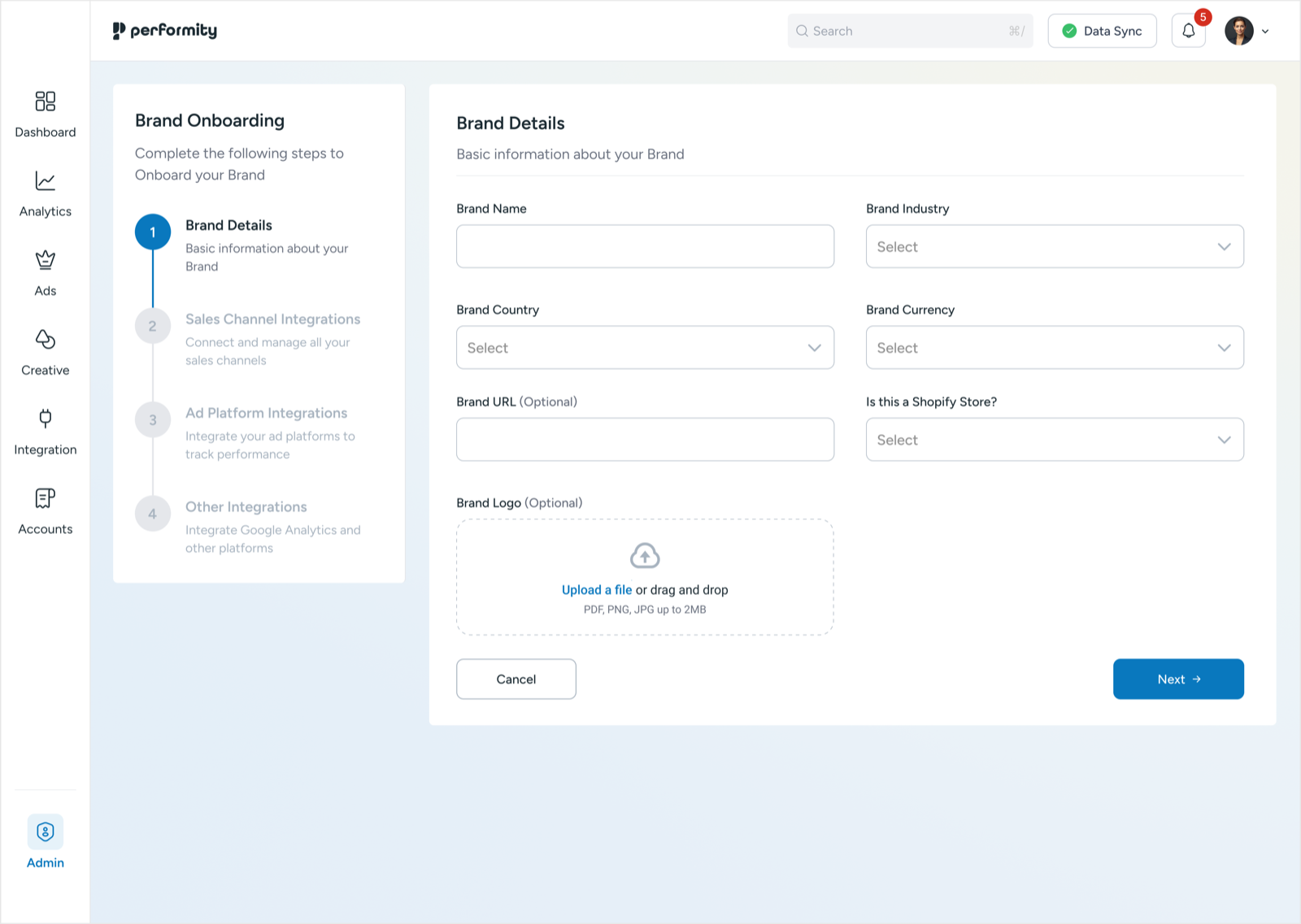 Brand onboarding wizard