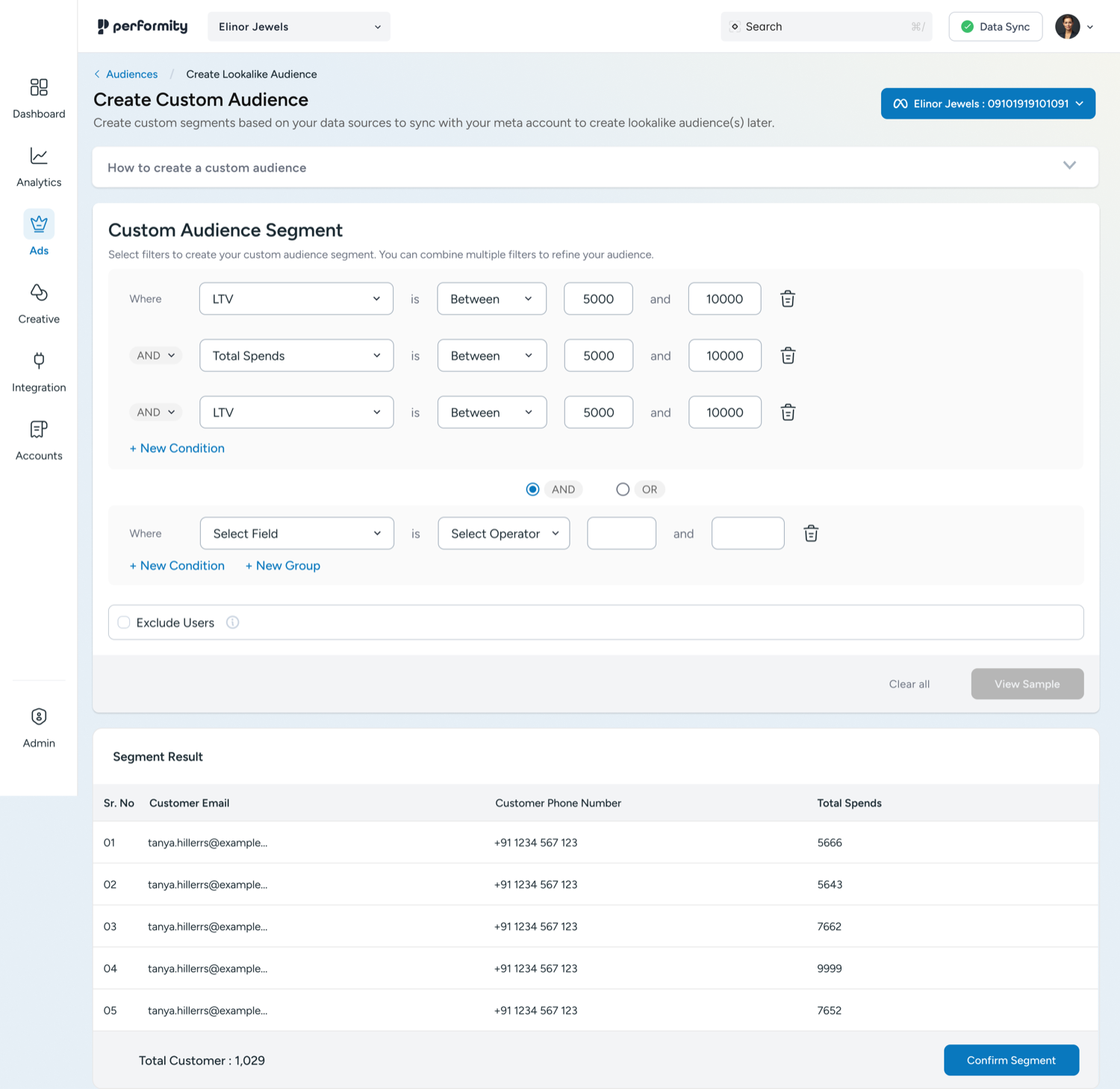 Custom audience builder with filters and segment results