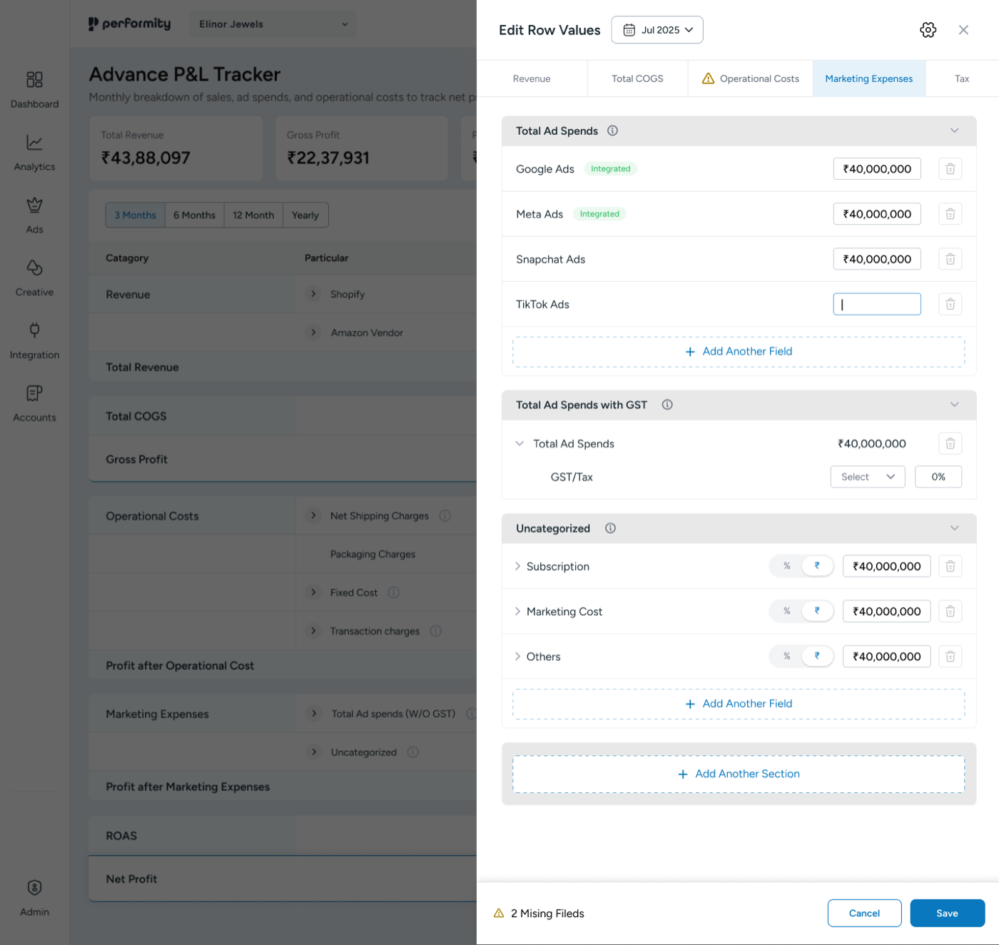 Marketing expenses view